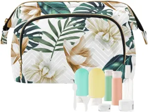 Women Wave Quilt Cosmetic Bag, Storage Pouch Handbag Makeup Case Zipper Toiletry Purse Holder Organizer 10.2x5.9x6.7 in Seamless Green Tropical Pam Tree Leaves White Flowers on White