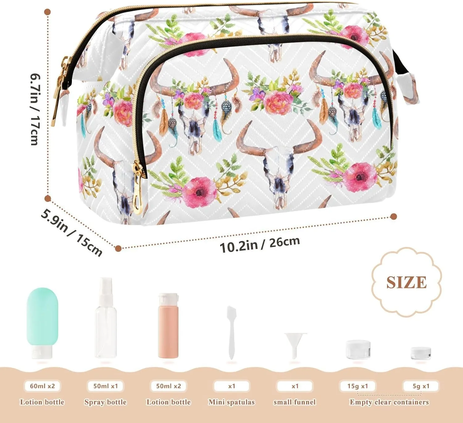 Women Wave Quilt Cosmetic Bag, Storage Pouch Handbag Makeup Case Zipper Toiletry Purse Holder Organizer 10.2x5.9x6.7 in Watercolor Bull Skull with Pink Flowers Feathers Seamless