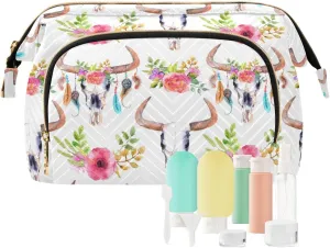 Women Wave Quilt Cosmetic Bag, Storage Pouch Handbag Makeup Case Zipper Toiletry Purse Holder Organizer 10.2x5.9x6.7 in Watercolor Bull Skull with Pink Flowers Feathers Seamless