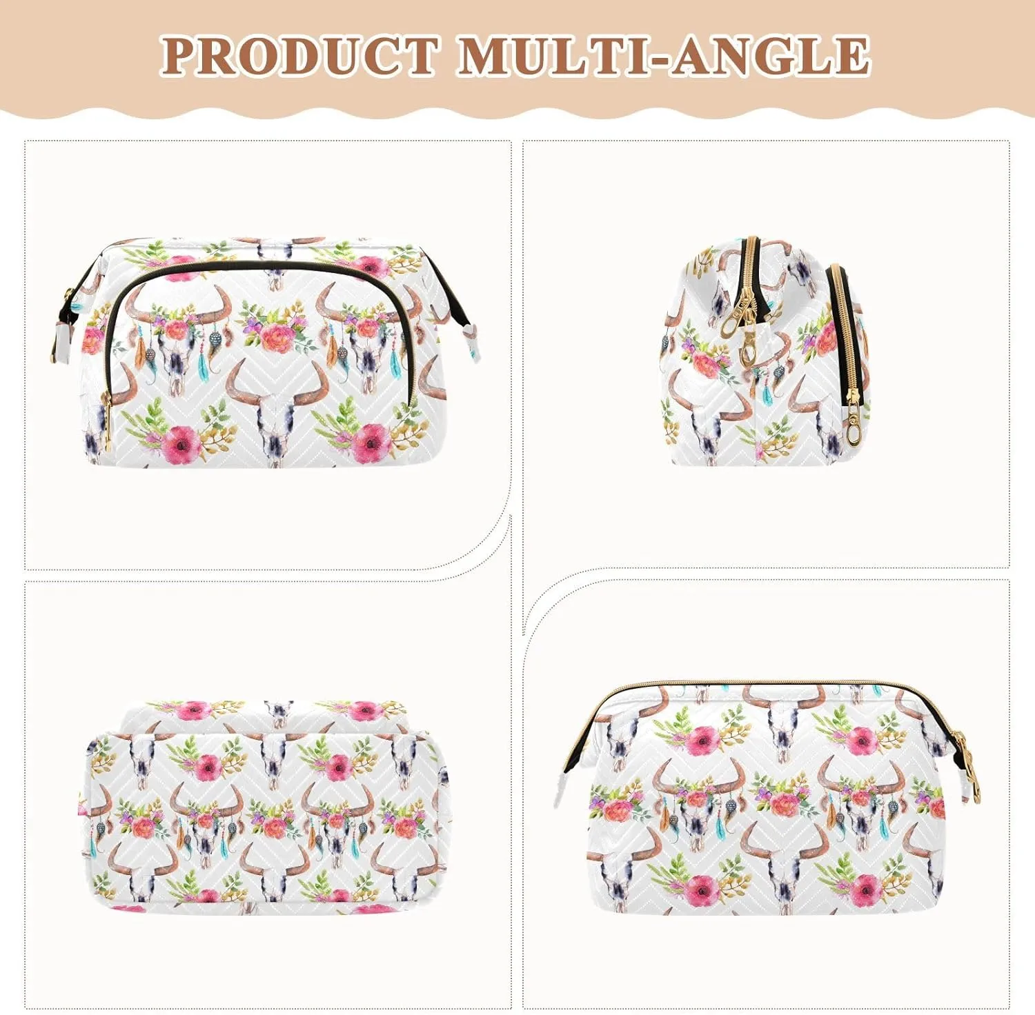 Women Wave Quilt Cosmetic Bag, Storage Pouch Handbag Makeup Case Zipper Toiletry Purse Holder Organizer 10.2x5.9x6.7 in Watercolor Bull Skull with Pink Flowers Feathers Seamless