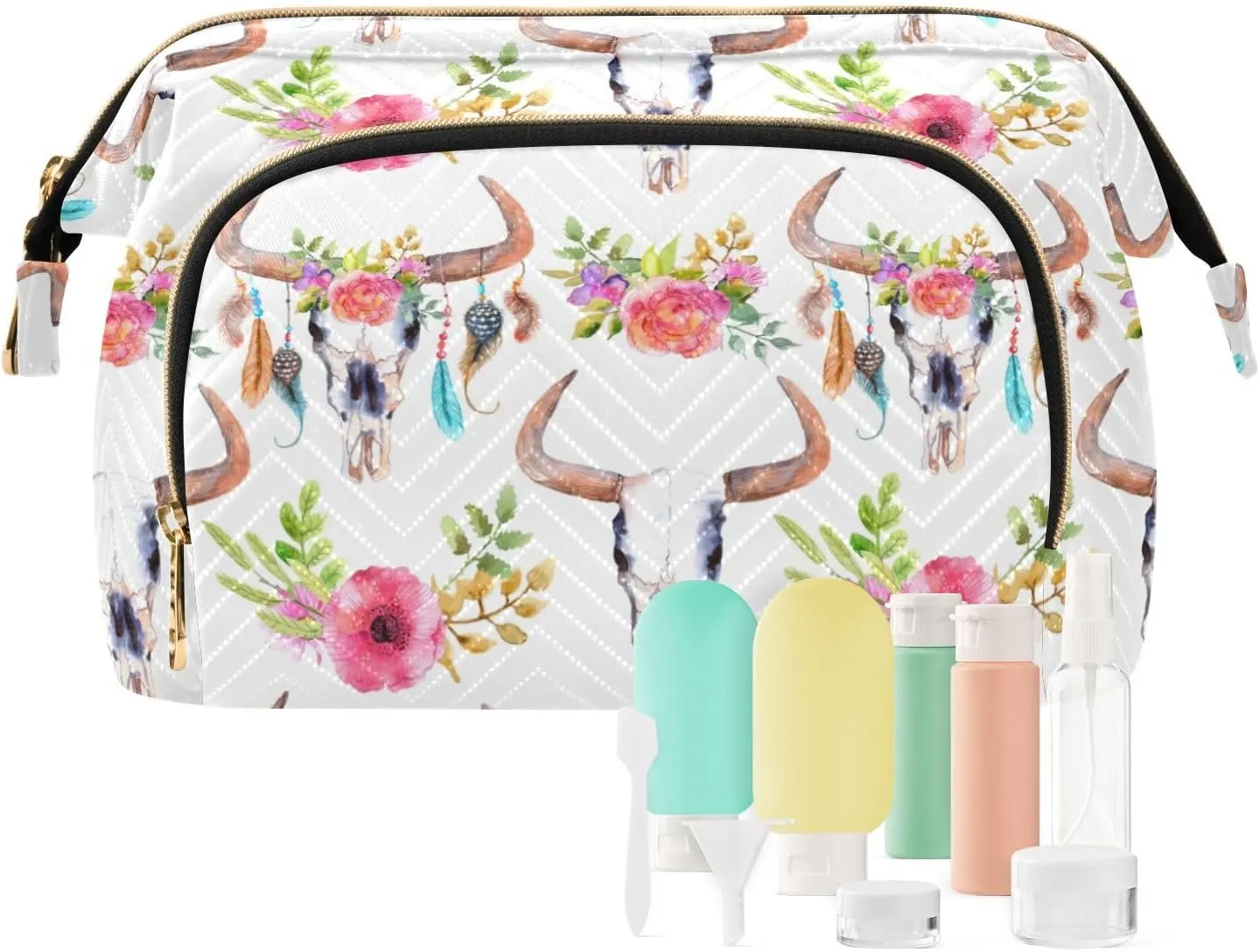 Women Wave Quilt Cosmetic Bag, Storage Pouch Handbag Makeup Case Zipper Toiletry Purse Holder Organizer 10.2x5.9x6.7 in Watercolor Bull Skull with Pink Flowers Feathers Seamless
