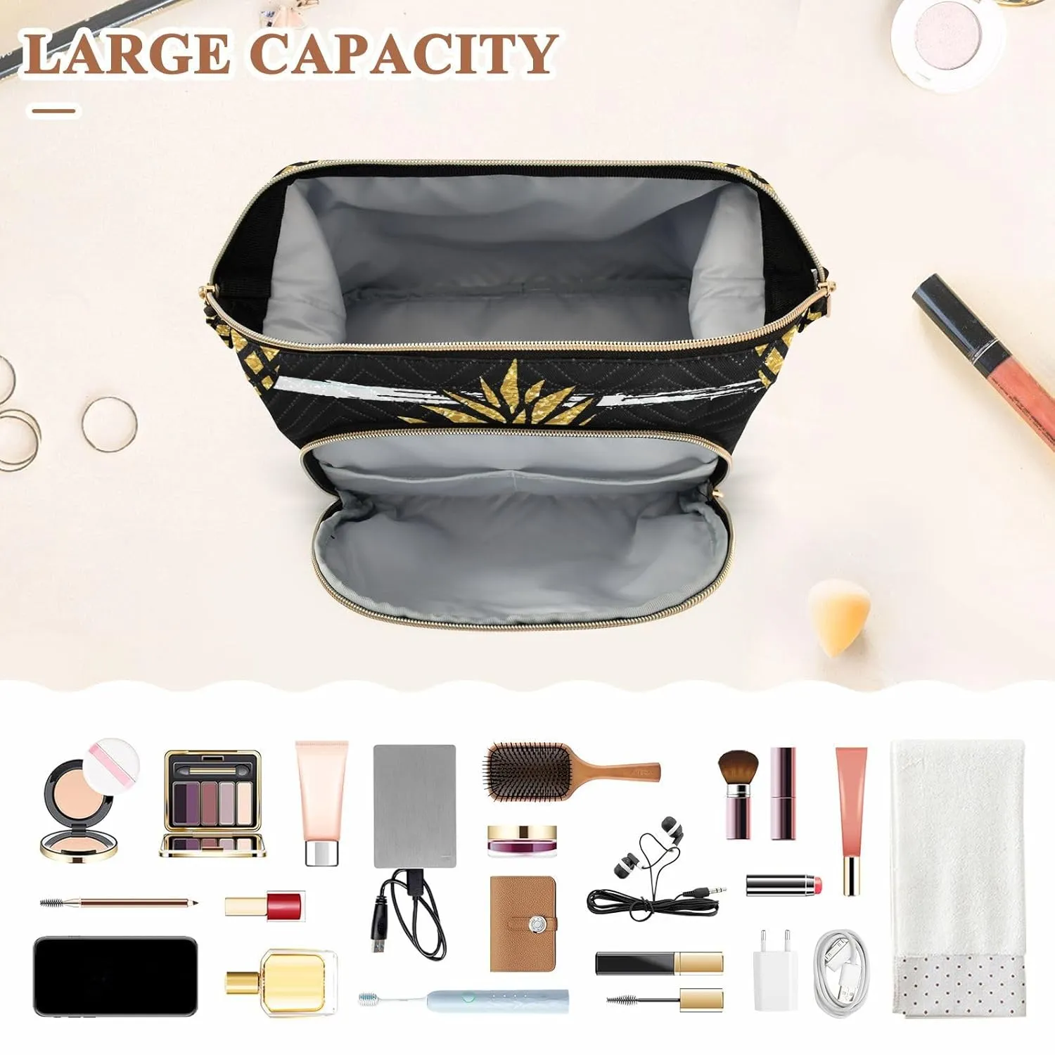 Women Wave Quilt Cosmetic Bag, Zipper Toiletry Storage 10.2x5.9x6.7 in, Pouch Handbag Makeup Case Purse Holder Organizer Print Gold Pineapple White Line Black Pattern