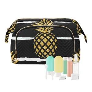 Women Wave Quilt Cosmetic Bag, Zipper Toiletry Storage 10.2x5.9x6.7 in, Pouch Handbag Makeup Case Purse Holder Organizer Print Gold Pineapple White Line Black Pattern
