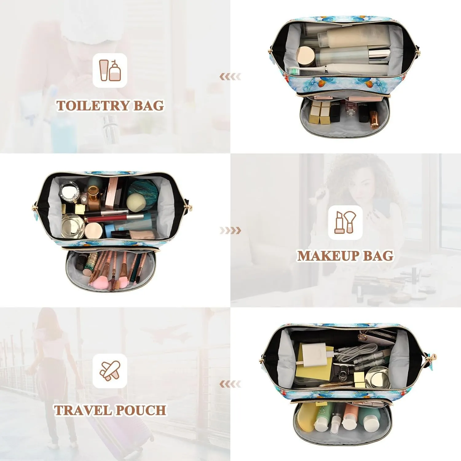 Women Wave Quilt Cosmetic Bag, Zipper Toiletry Storage 10.2x5.9x6.7 in, Pouch Handbag Makeup Case Purse Holder Organizer Print Watercolor Japanese Fishes Green Leaves Blue Pond