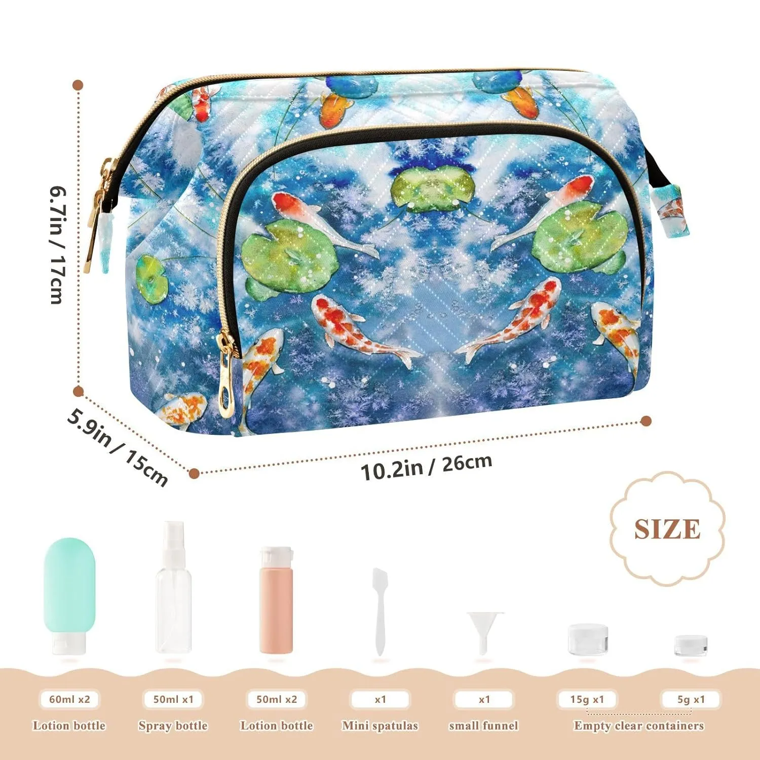 Women Wave Quilt Cosmetic Bag, Zipper Toiletry Storage 10.2x5.9x6.7 in, Pouch Handbag Makeup Case Purse Holder Organizer Print Watercolor Japanese Fishes Green Leaves Blue Pond