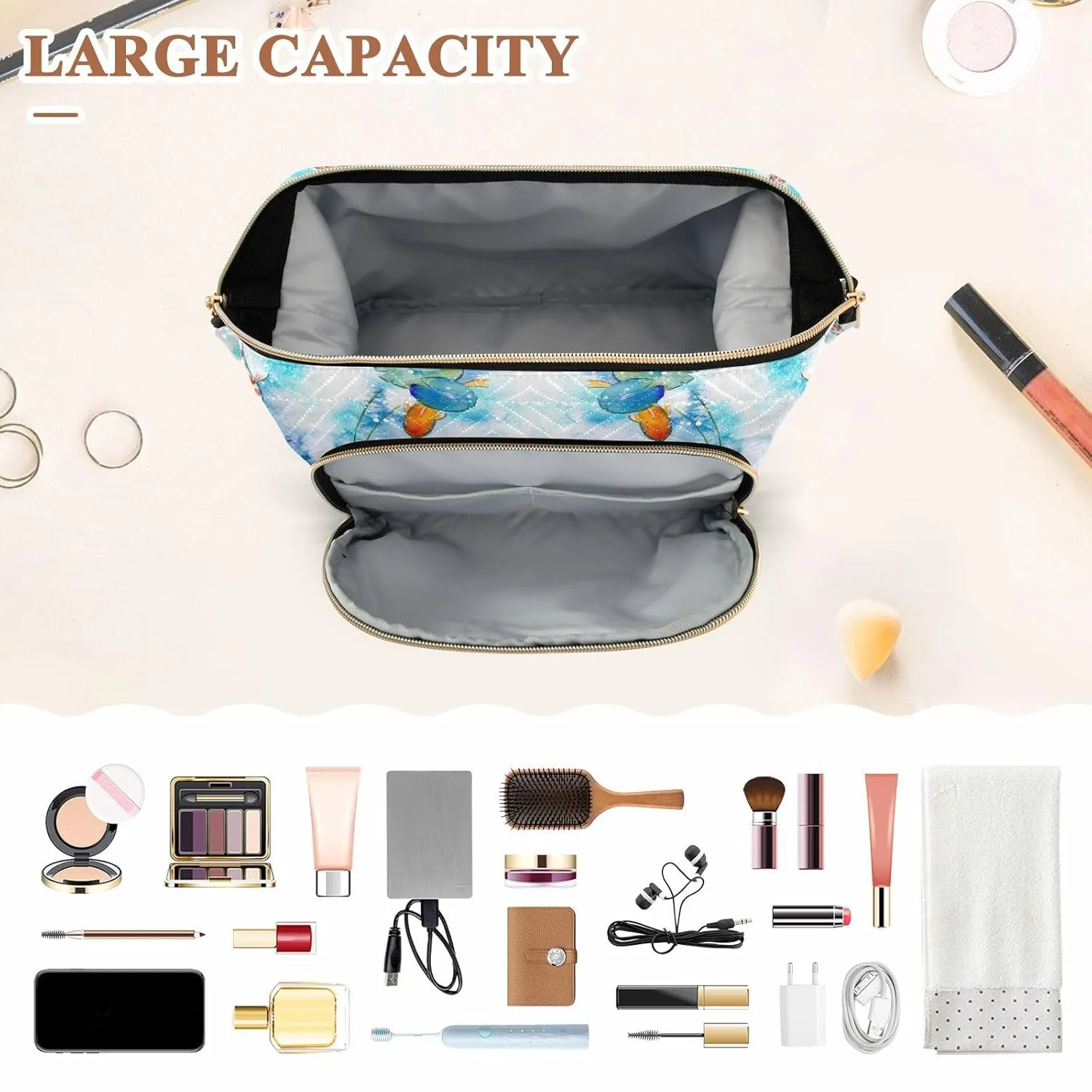Women Wave Quilt Cosmetic Bag, Zipper Toiletry Storage 10.2x5.9x6.7 in, Pouch Handbag Makeup Case Purse Holder Organizer Print Watercolor Japanese Fishes Green Leaves Blue Pond