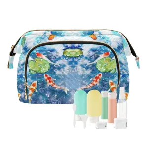 Women Wave Quilt Cosmetic Bag, Zipper Toiletry Storage 10.2x5.9x6.7 in, Pouch Handbag Makeup Case Purse Holder Organizer Print Watercolor Japanese Fishes Green Leaves Blue Pond