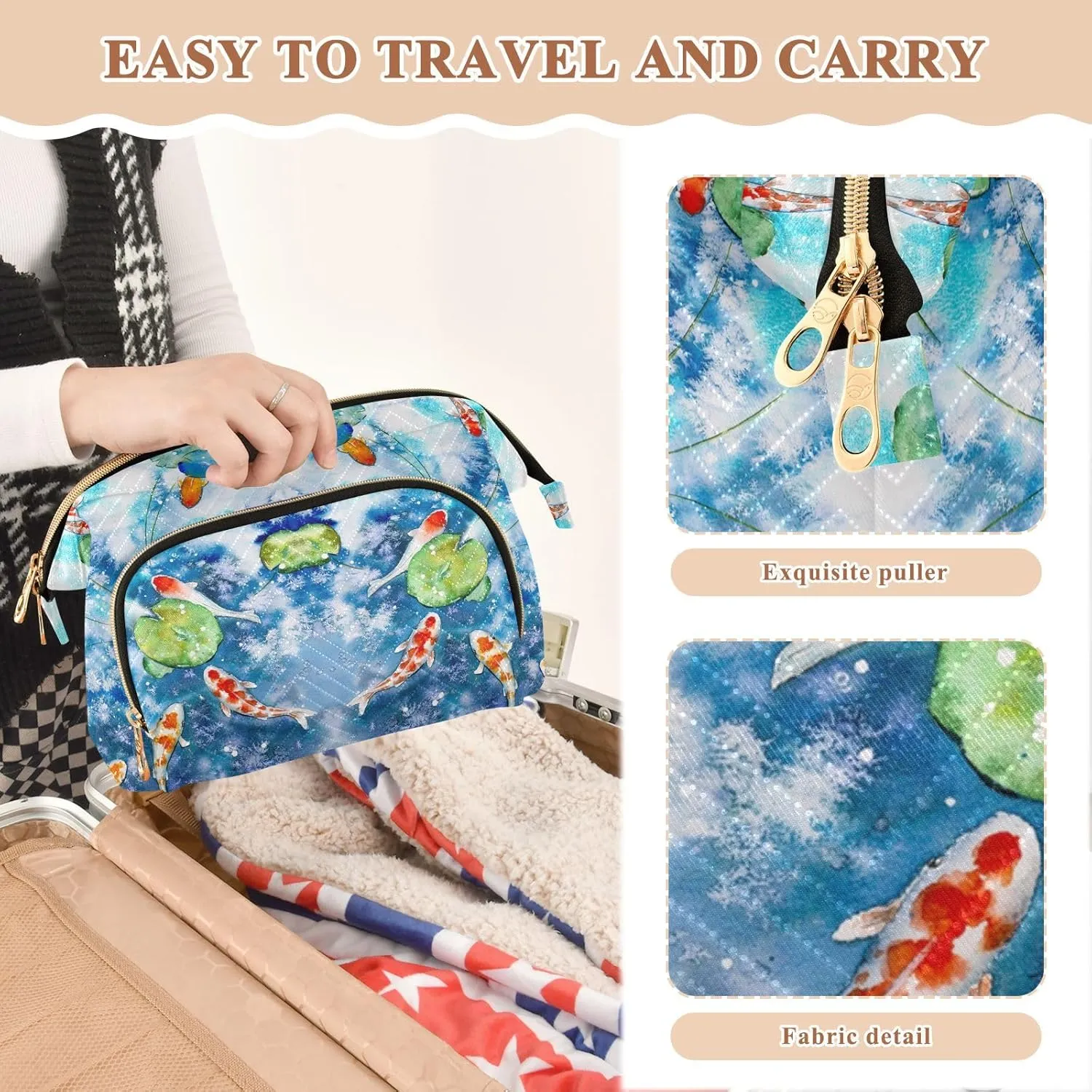 Women Wave Quilt Cosmetic Bag, Zipper Toiletry Storage 10.2x5.9x6.7 in, Pouch Handbag Makeup Case Purse Holder Organizer Print Watercolor Japanese Fishes Green Leaves Blue Pond