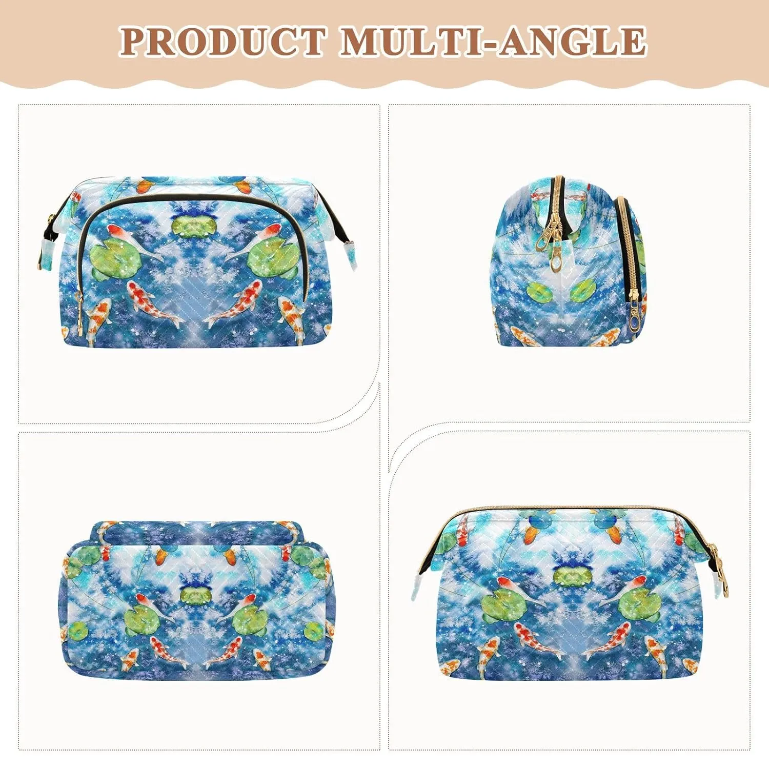 Women Wave Quilt Cosmetic Bag, Zipper Toiletry Storage 10.2x5.9x6.7 in, Pouch Handbag Makeup Case Purse Holder Organizer Print Watercolor Japanese Fishes Green Leaves Blue Pond
