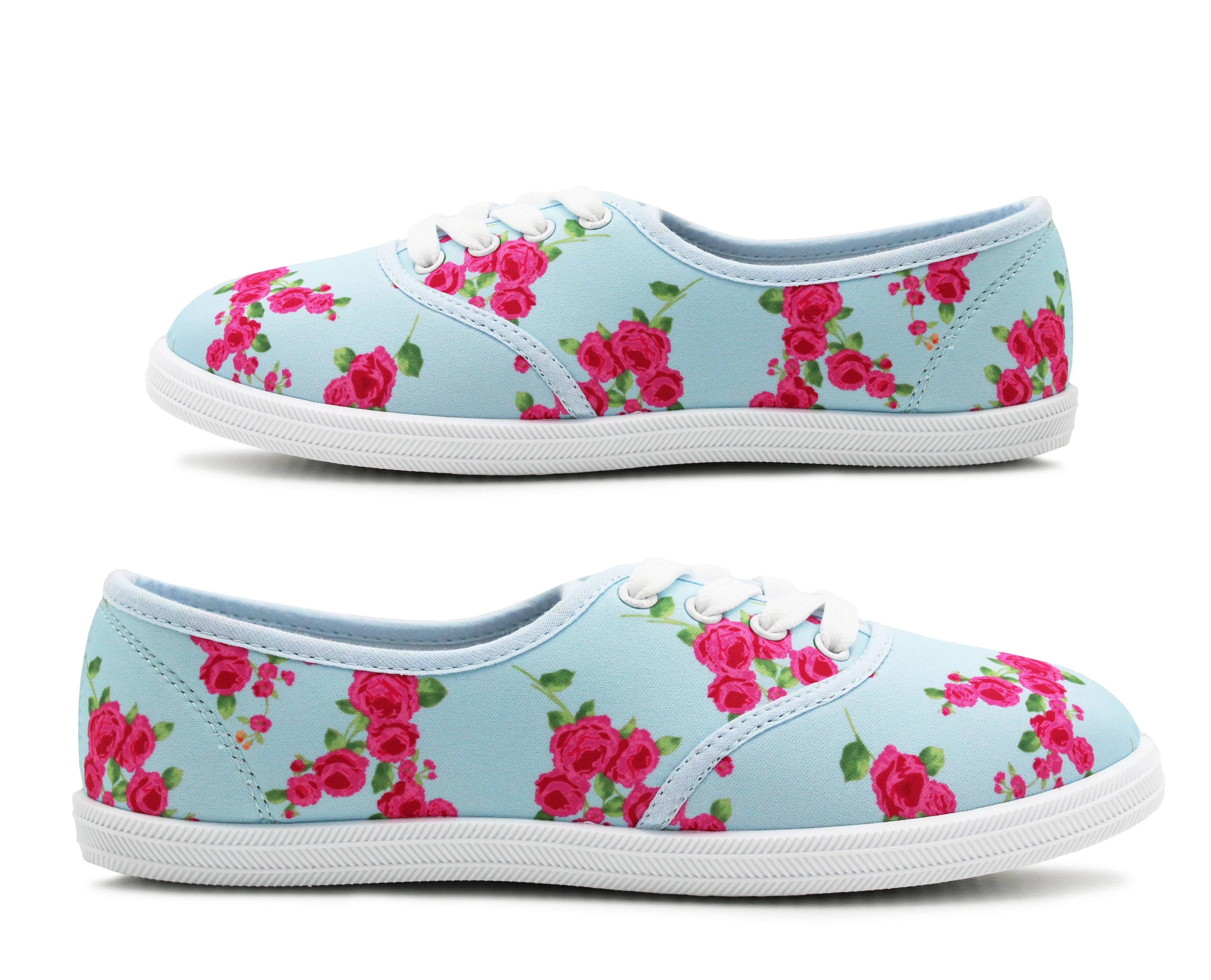 Womens Blue Floral Canvas Lace Up Plimsolls Flat Pumps Casual Loafer Trainers