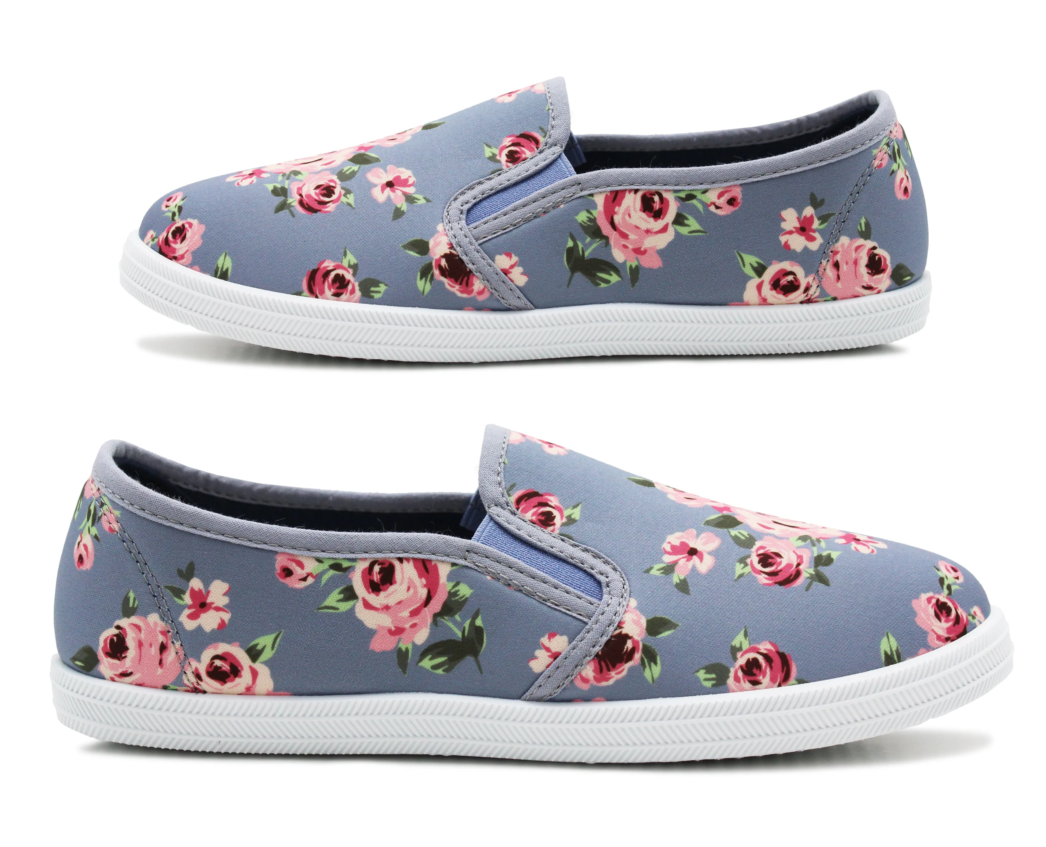 Womens Blue Floral Canvas Slip On Plimsolls Flat Pumps Casual Loafer Trainers