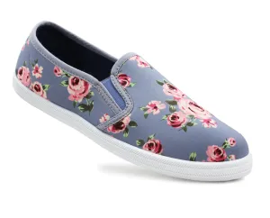 Womens Blue Floral Canvas Slip On Plimsolls Flat Pumps Casual Loafer Trainers