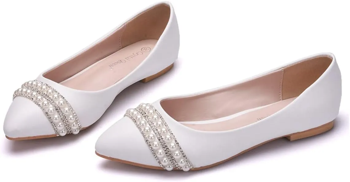 Women's Casual Lace Flower Ballet Flats, Pointy Toe Bridal Wedding Shoes Slip on Dressy Shoes