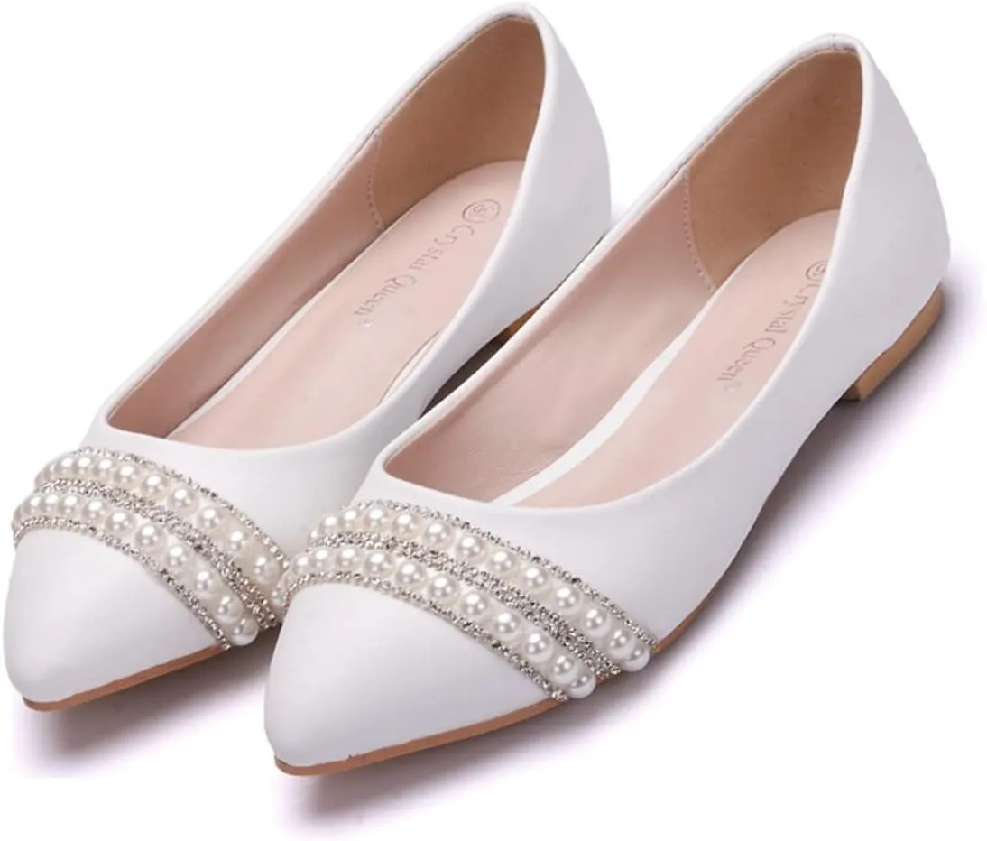 Women's Casual Lace Flower Ballet Flats, Pointy Toe Bridal Wedding Shoes Slip on Dressy Shoes
