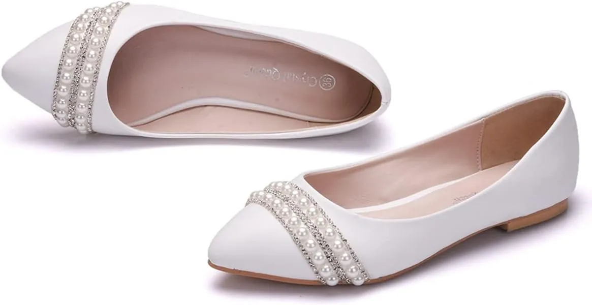 Women's Casual Lace Flower Ballet Flats, Pointy Toe Bridal Wedding Shoes Slip on Dressy Shoes