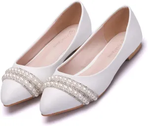 Women's Casual Lace Flower Ballet Flats, Pointy Toe Bridal Wedding Shoes Slip on Dressy Shoes