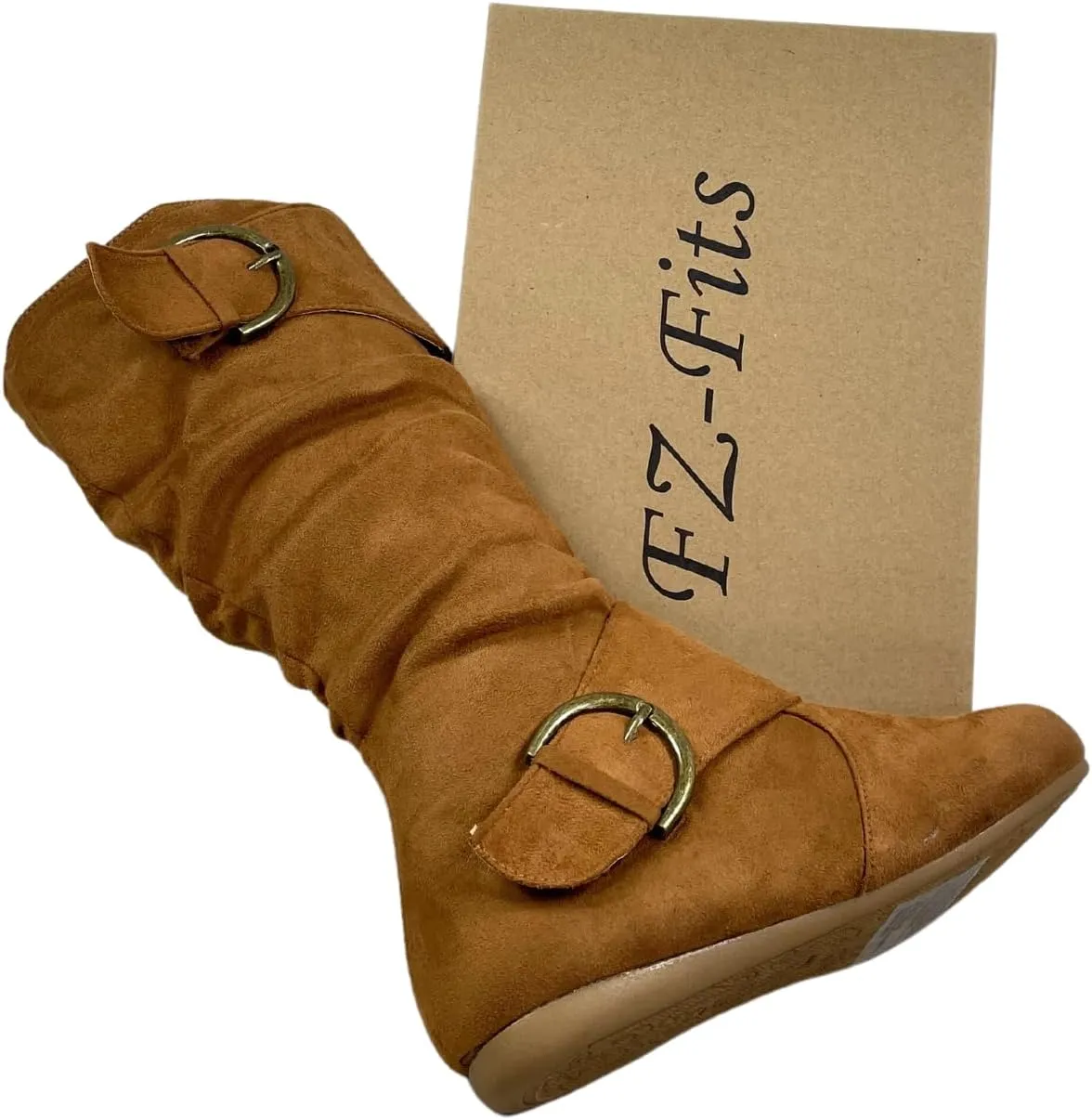 Women's Closed Round Toe Buckle Side Zip Buckle Slouch Flat Heel Mid-Calf Boot