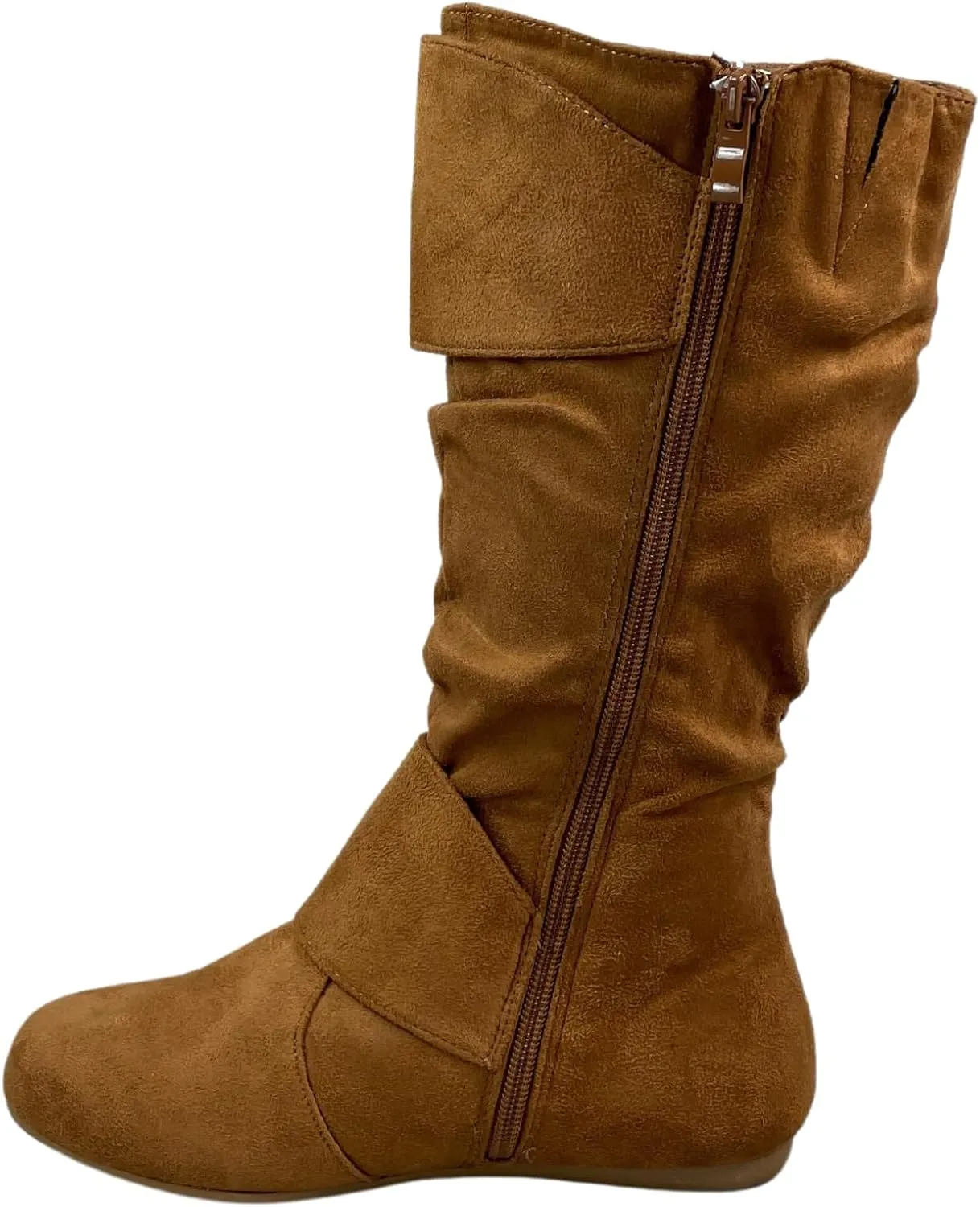 Women's Closed Round Toe Buckle Side Zip Buckle Slouch Flat Heel Mid-Calf Boot