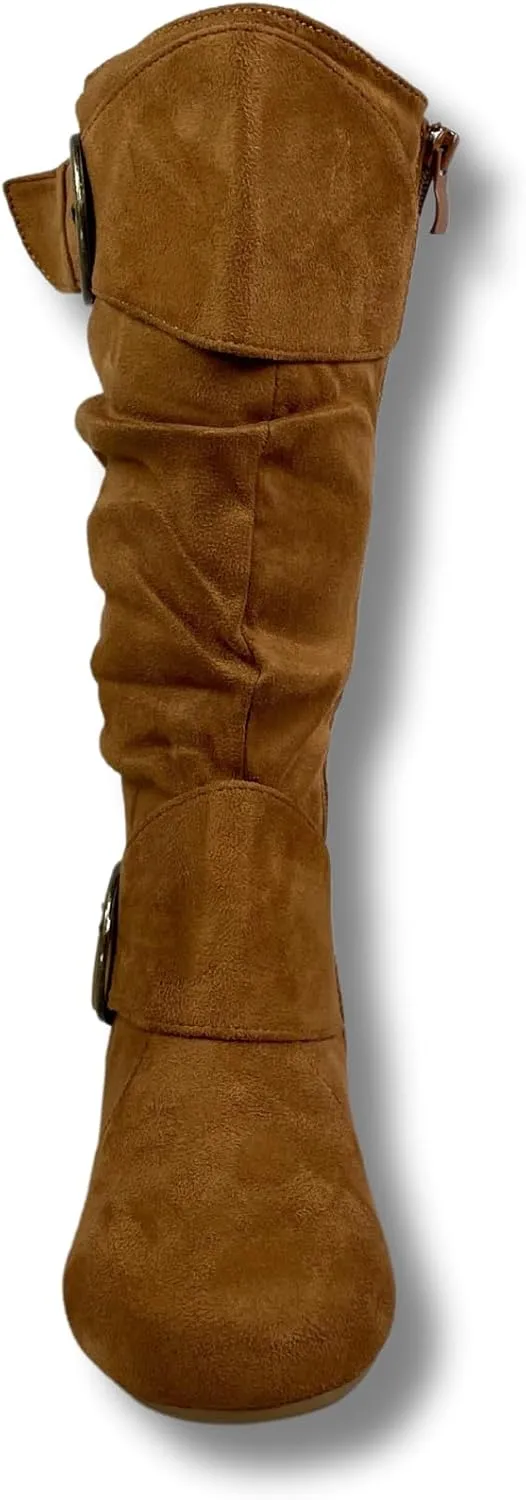 Women's Closed Round Toe Buckle Side Zip Buckle Slouch Flat Heel Mid-Calf Boot