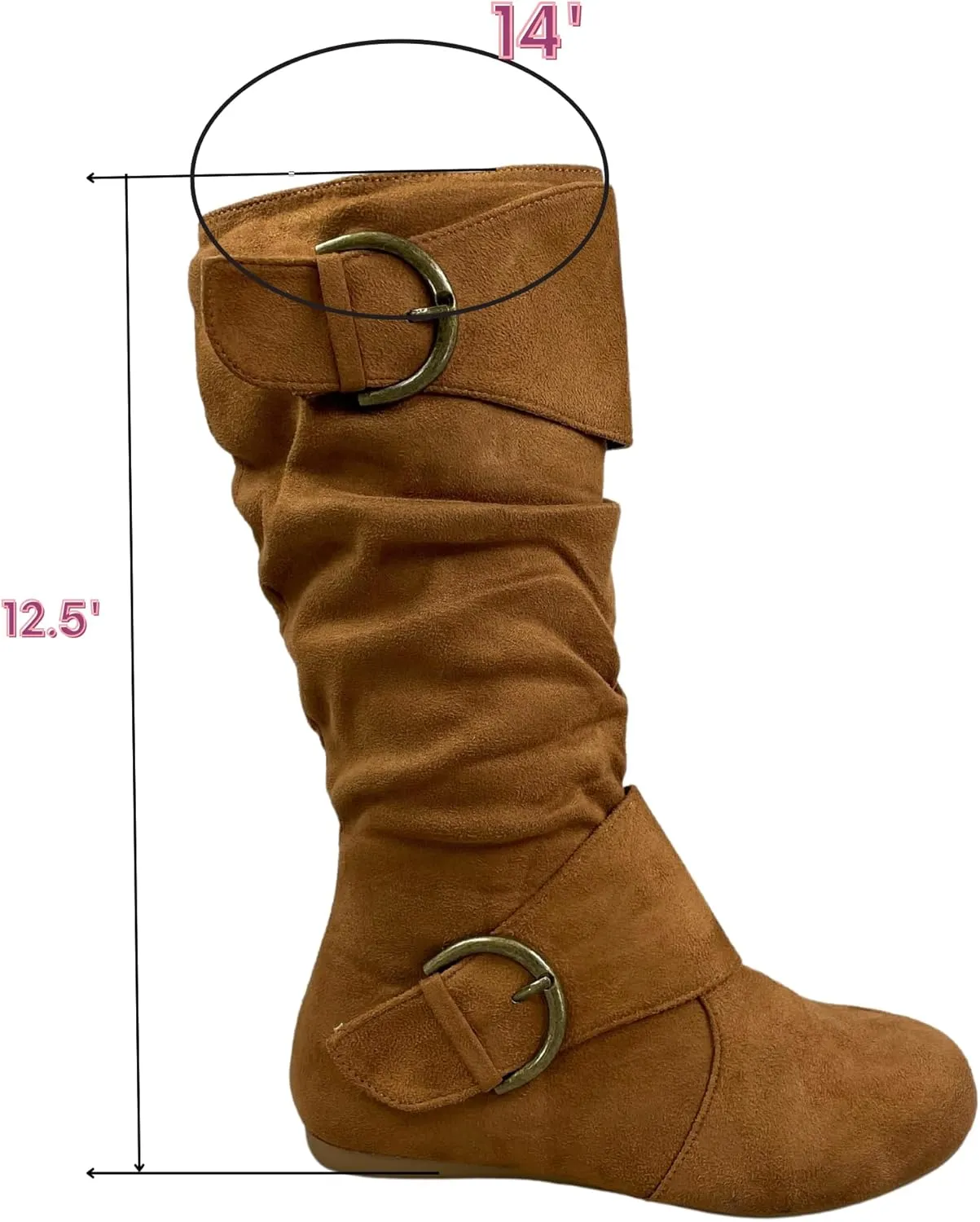 Women's Closed Round Toe Buckle Side Zip Buckle Slouch Flat Heel Mid-Calf Boot