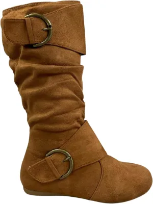 Women's Closed Round Toe Buckle Side Zip Buckle Slouch Flat Heel Mid-Calf Boot