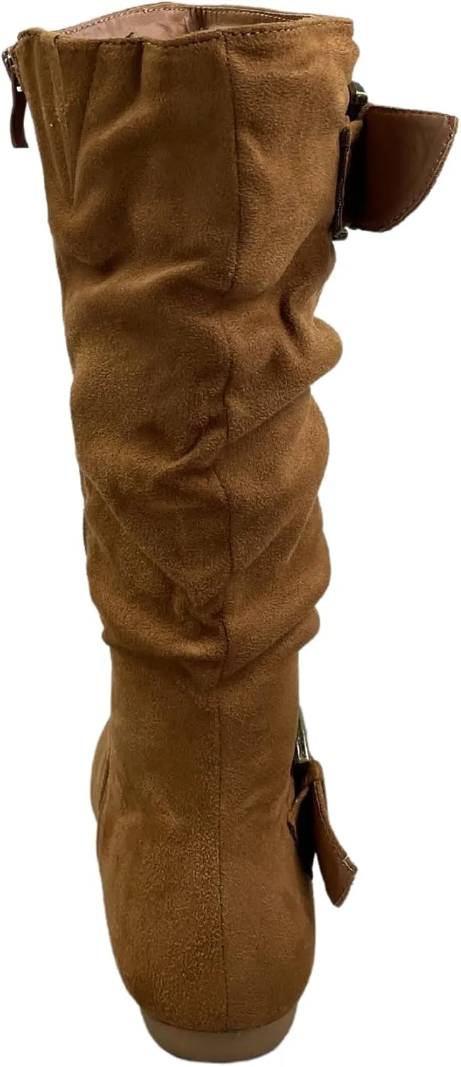 Women's Closed Round Toe Buckle Side Zip Buckle Slouch Flat Heel Mid-Calf Boot