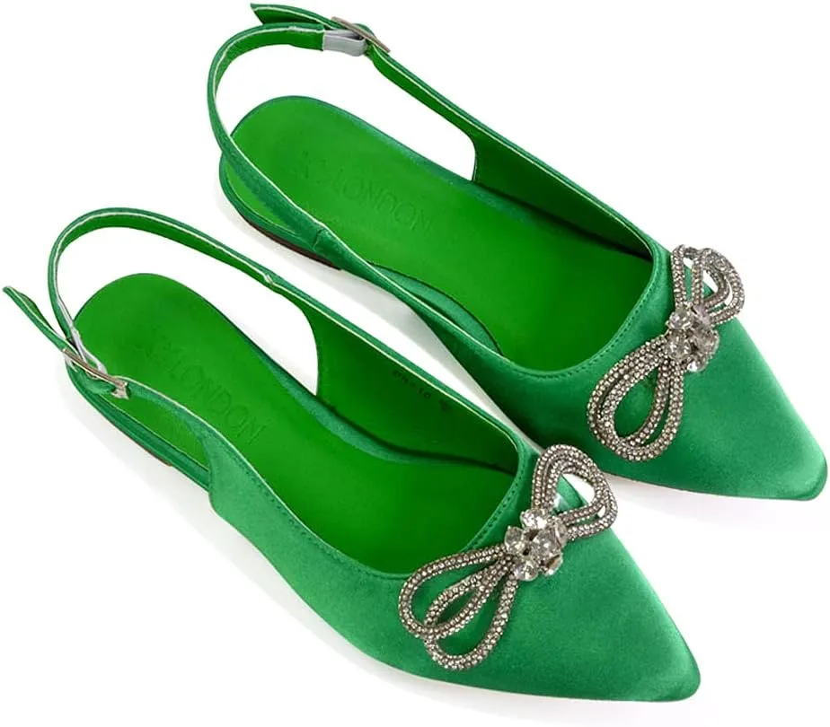Womens Flat Bow Slingback Ladies Pointed Toe Bridal Satin Shoes Size