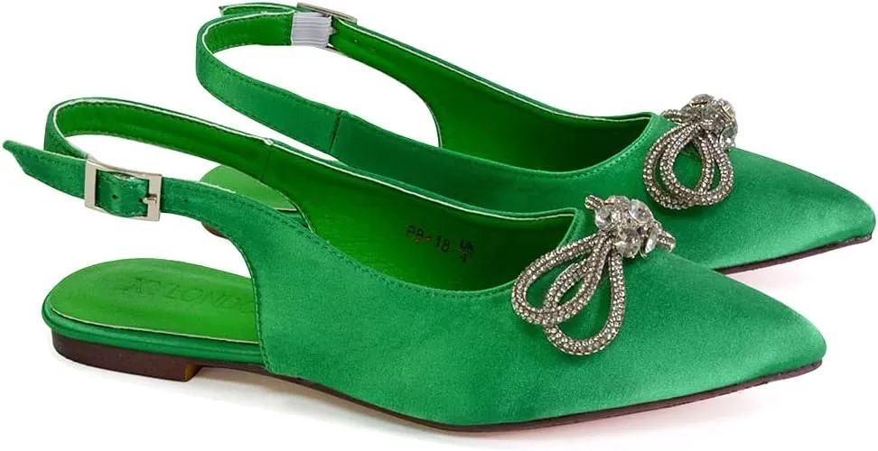 Womens Flat Bow Slingback Ladies Pointed Toe Bridal Satin Shoes Size