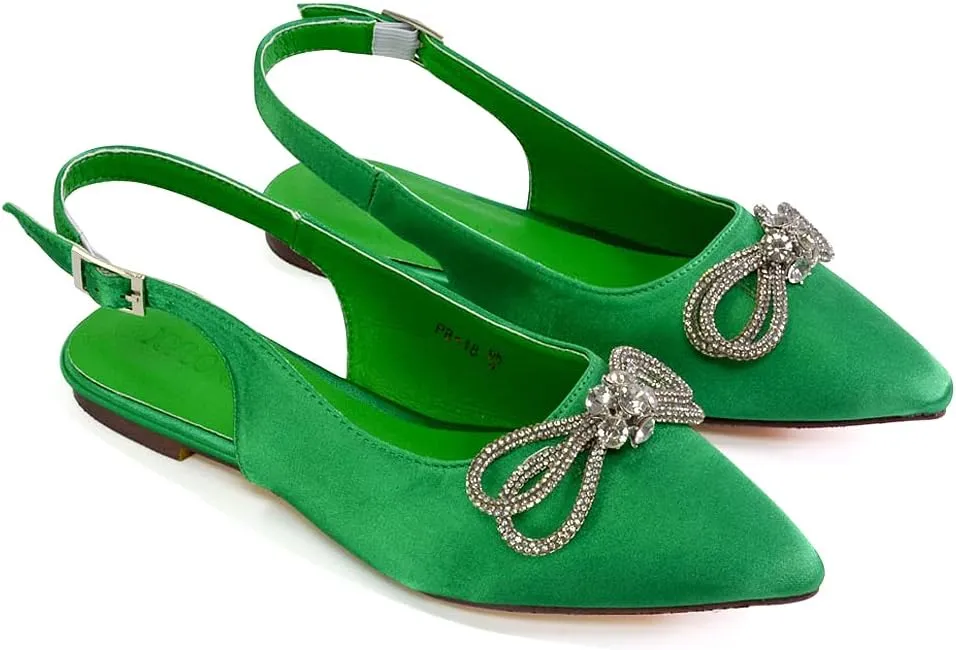Womens Flat Bow Slingback Ladies Pointed Toe Bridal Satin Shoes Size