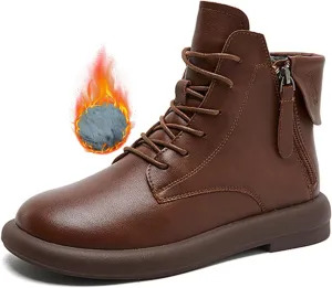 Women's Genuine Leather Flat Ankle Boots Retro Plush Lining Round Toe Lace Up Side Zipper Soft Sole Casual Booties Comfortable Lightweight Short Booties