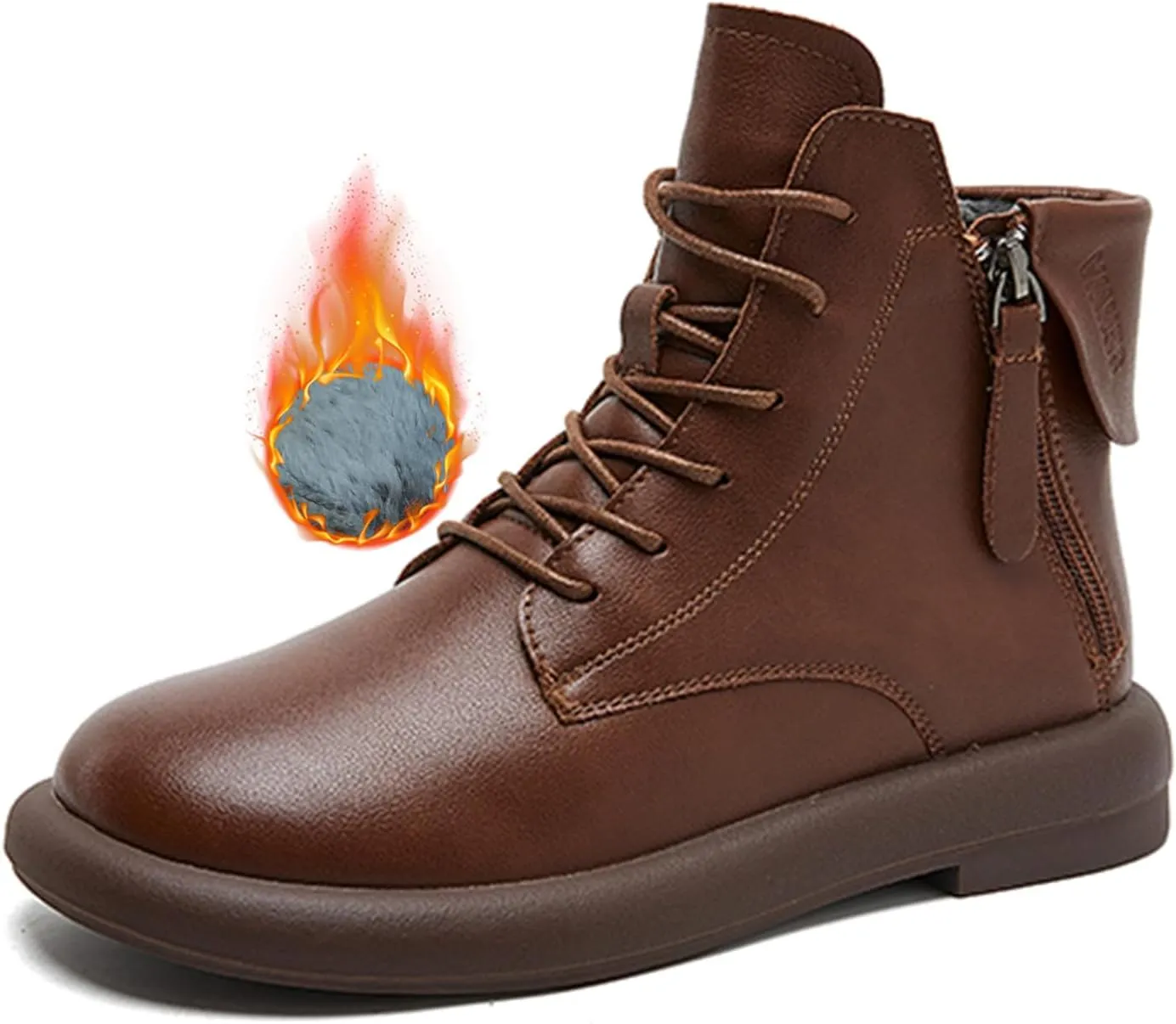Women's Genuine Leather Flat Ankle Boots Retro Plush Lining Round Toe Lace Up Side Zipper Soft Sole Casual Booties Comfortable Lightweight Short Booties