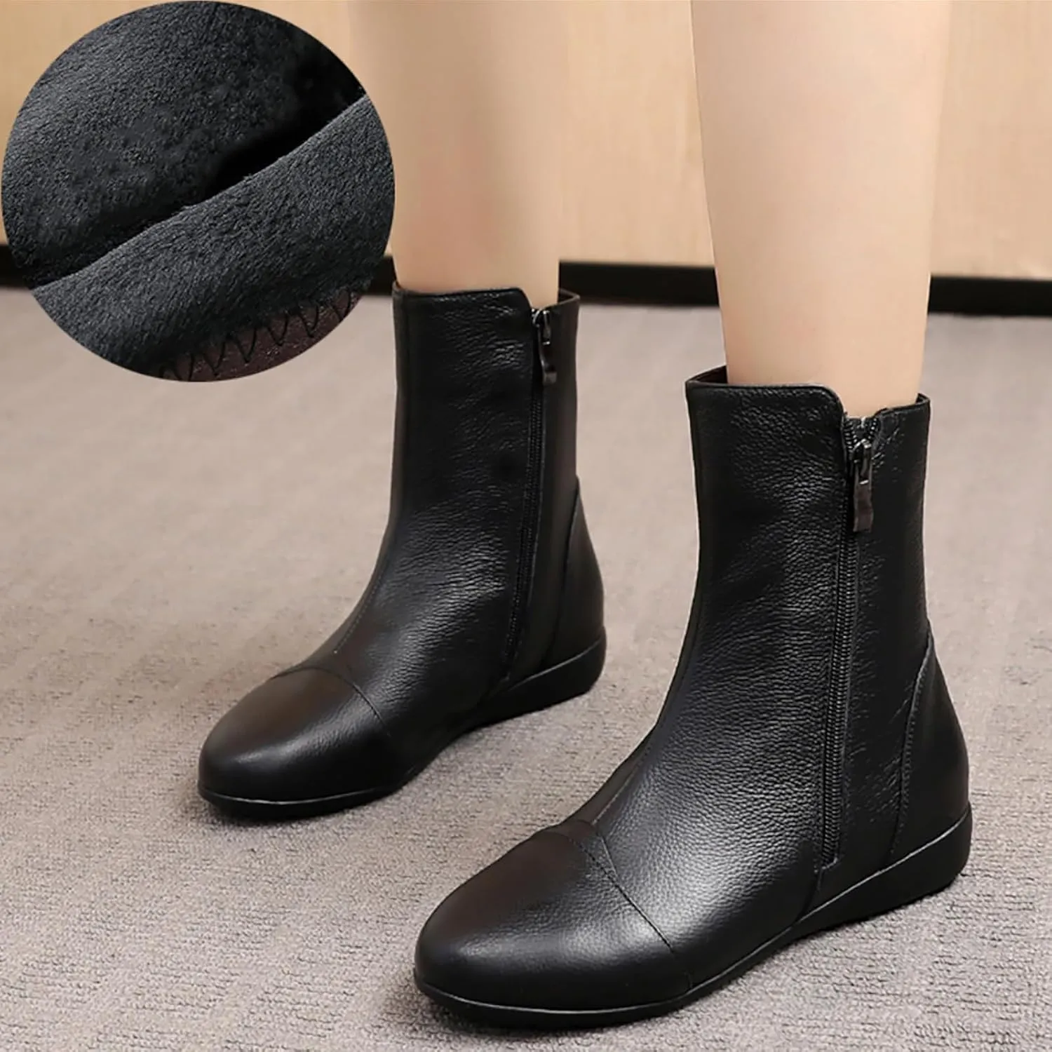 Women's Leather Side Zip Flat Ankle Boots Fashion Comfortable Slip-on Fur Lined Warm Chelsea Booties Winter Low Heel Mid Calf Flat Boots