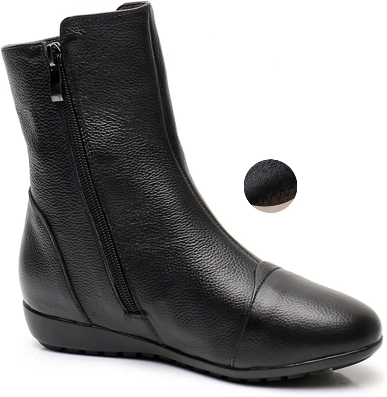 Women's Leather Side Zip Flat Ankle Boots Fashion Comfortable Slip-on Fur Lined Warm Chelsea Booties Winter Low Heel Mid Calf Flat Boots