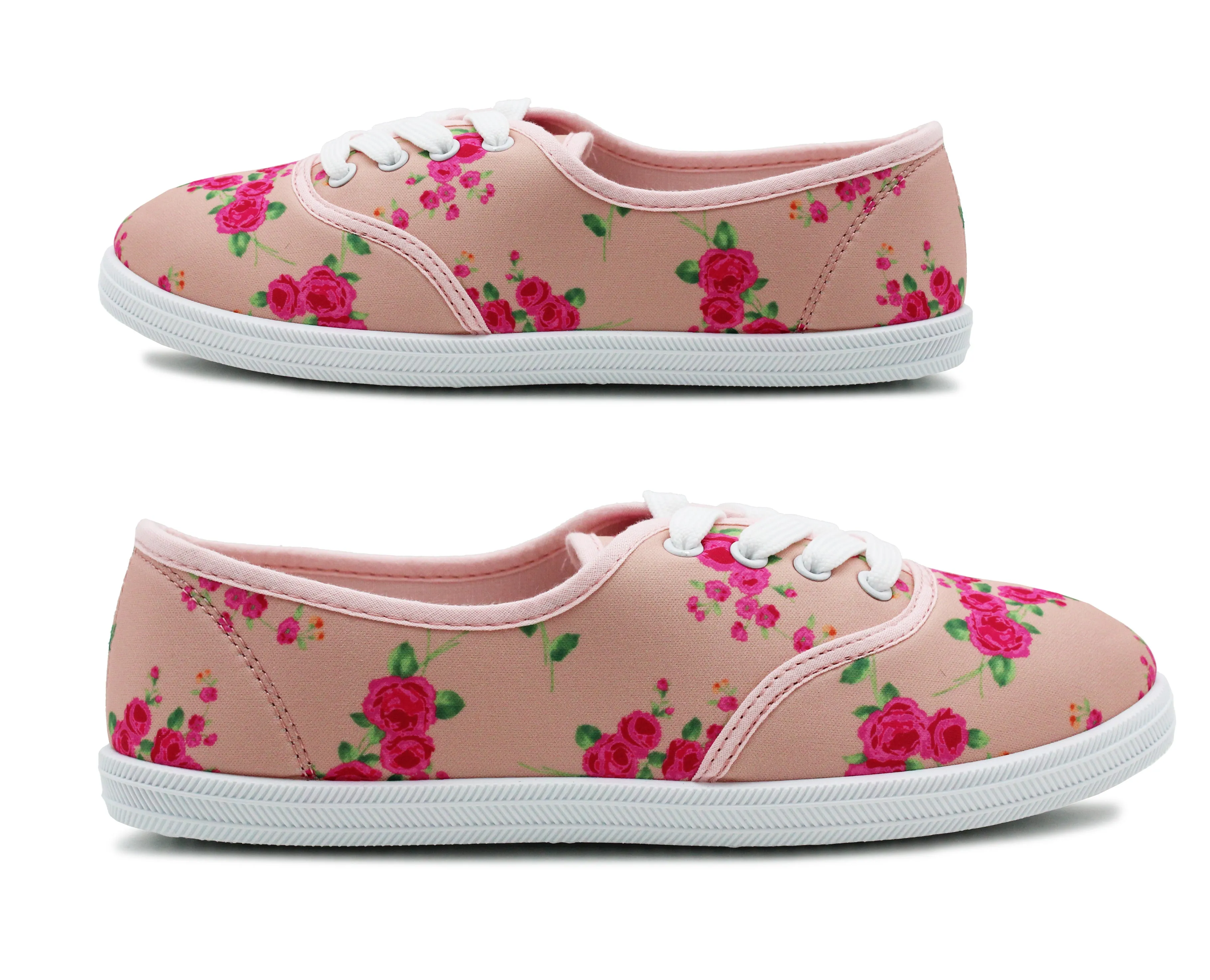 Womens Pink Floral Canvas Lace Up Plimsolls Flat Pumps Casual Loafer Trainers
