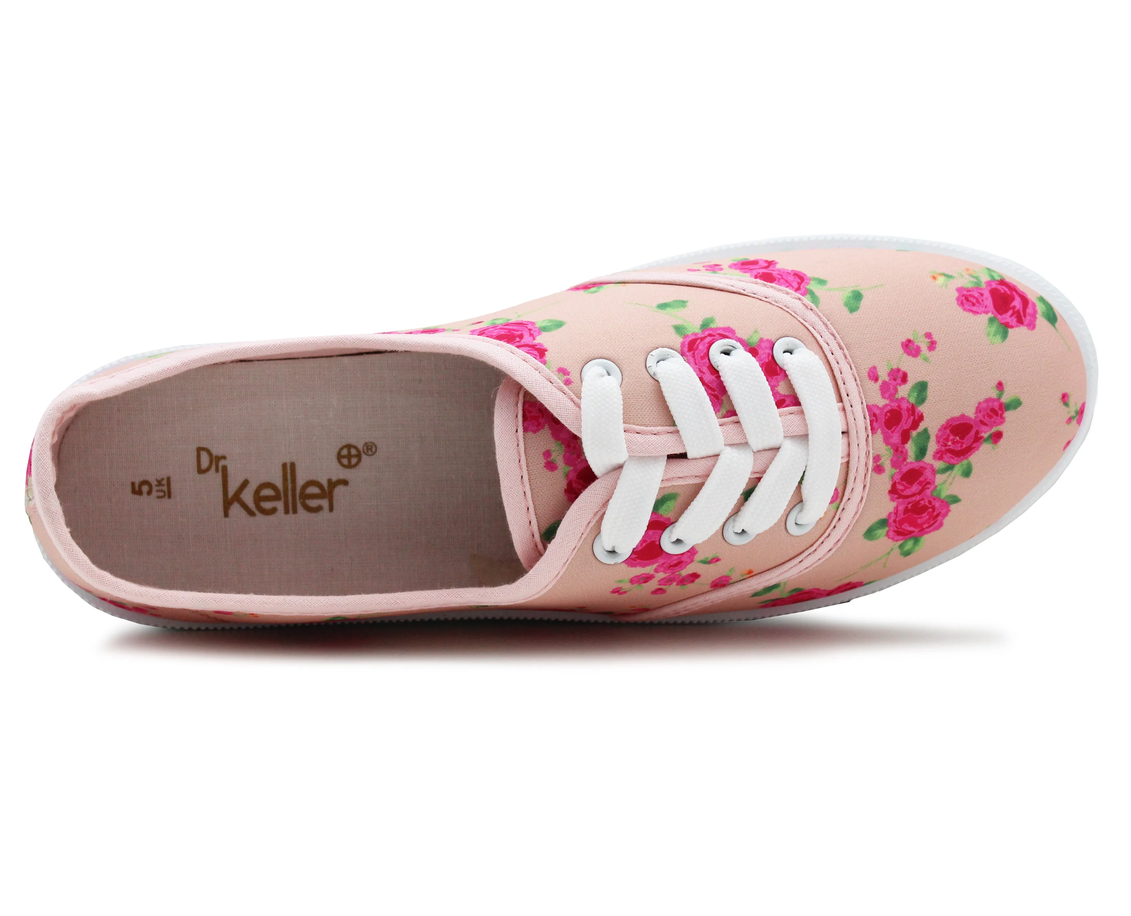 Womens Pink Floral Canvas Lace Up Plimsolls Flat Pumps Casual Loafer Trainers