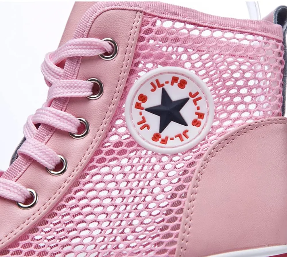 Women's Sneaker Shoes High Heel Fashionable Canvas Shoes High Tube Lace Up Wedge Edge Zipper Slope Angle Shoes Size 4-11