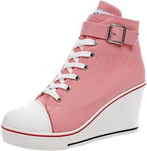 Women's Sneaker Shoes High Heel Fashionable Canvas Shoes High Tube Lace Up Wedge Edge Zipper Slope Angle Shoes Size 4-11