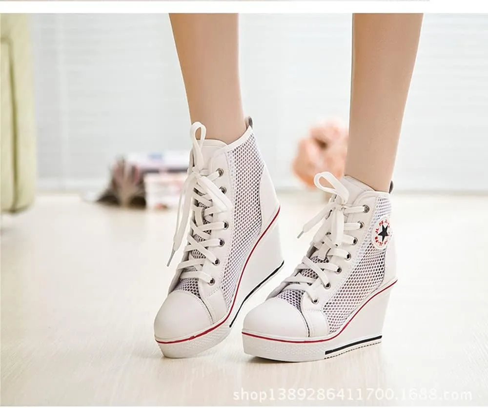 Women's Sneaker Shoes High Heel Fashionable Canvas Shoes High Tube Lace Up Wedge Edge Zipper Slope Angle Shoes Size 4-11