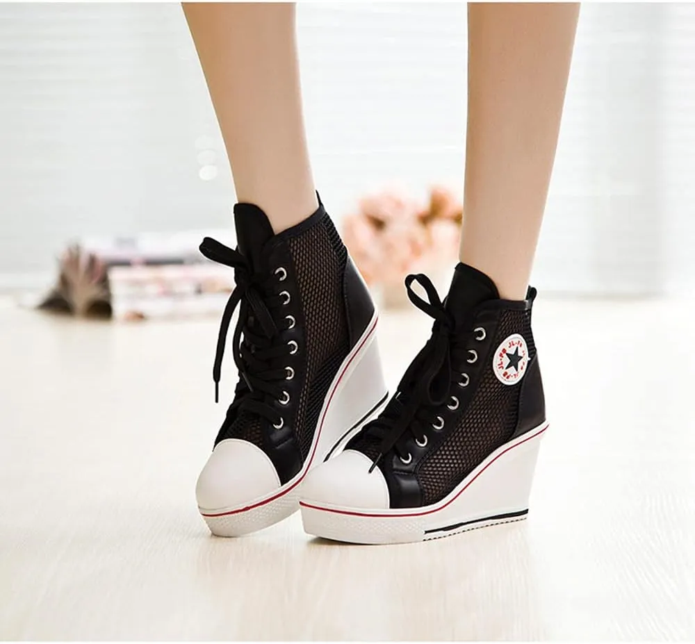 Women's Sneaker Shoes High Heel Fashionable Canvas Shoes High Tube Lace Up Wedge Edge Zipper Slope Angle Shoes Size 4-11