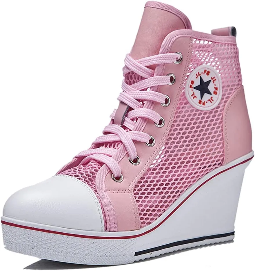 Women's Sneaker Shoes High Heel Fashionable Canvas Shoes High Tube Lace Up Wedge Edge Zipper Slope Angle Shoes Size 4-11
