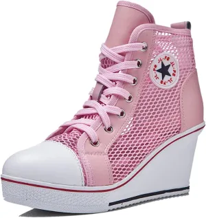 Women's Sneaker Shoes High Heel Fashionable Canvas Shoes High Tube Lace Up Wedge Edge Zipper Slope Angle Shoes Size 4-11