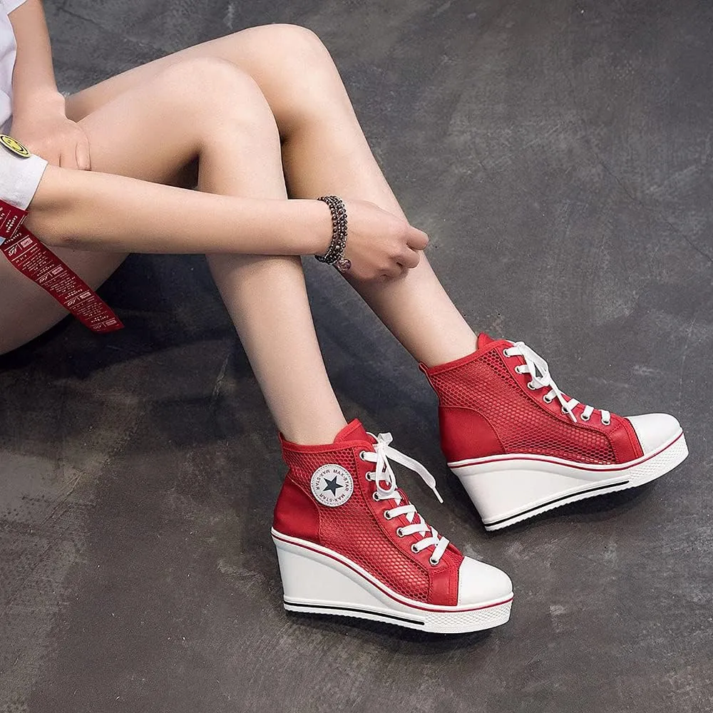 Women's Sneaker Shoes High Heel Fashionable Canvas Shoes High Tube Lace Up Wedge Edge Zipper Slope Angle Shoes Size 4-11
