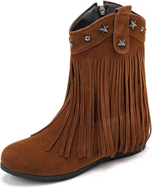 Women'S Suede Hidden Wedge Tassel Ankle Boots Fashion Round Toe Side Zipper Slip-On Flat Mocassion Ankle Boots Casual Vintage Western Western Cowgirl Boots