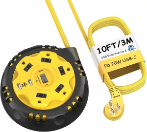 XBA 10FT Retractable Extension Cords Reel Power Strip with 5 AC Outlets, 3 USB(PD 20W USB C) Charging Ports, Round Surge Protector Power Strip Overload Protection Outlet for Workshop,Yellow Black