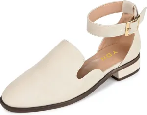 YDN Women's Ankle Strap Buckle Flats Low Chunky Heel Closed Round Toe Sandals Shoes for Holiday Outdoor Dress Size 4-16 US