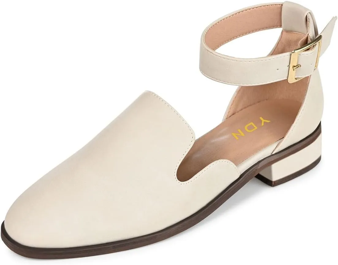 YDN Women's Ankle Strap Buckle Flats Low Chunky Heel Closed Round Toe Sandals Shoes for Holiday Outdoor Dress Size 4-16 US