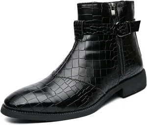Yuizko Men'S Print Leather Side Zipper Chelsea Ankle Boots Fashion Low-Heels Pointed Toe Buckle Casual Dress Short Booties
