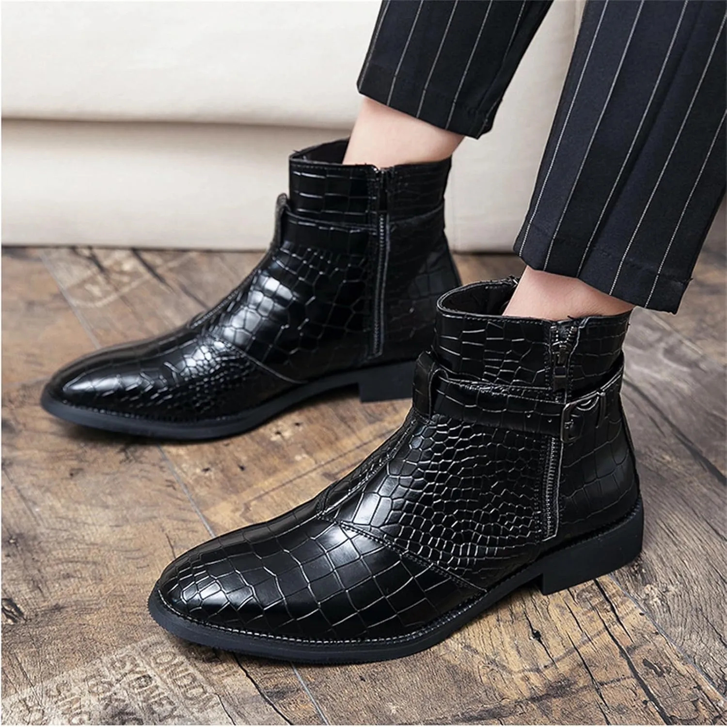 Yuizko Men'S Print Leather Side Zipper Chelsea Ankle Boots Fashion Low-Heels Pointed Toe Buckle Casual Dress Short Booties