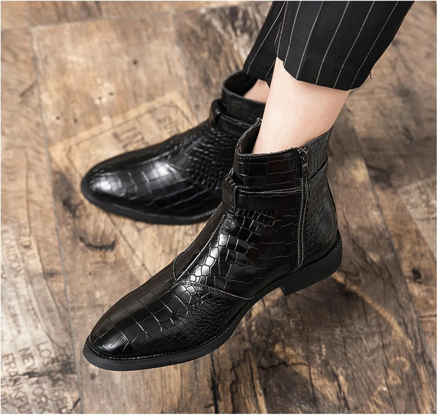 Yuizko Men'S Print Leather Side Zipper Chelsea Ankle Boots Fashion Low-Heels Pointed Toe Buckle Casual Dress Short Booties