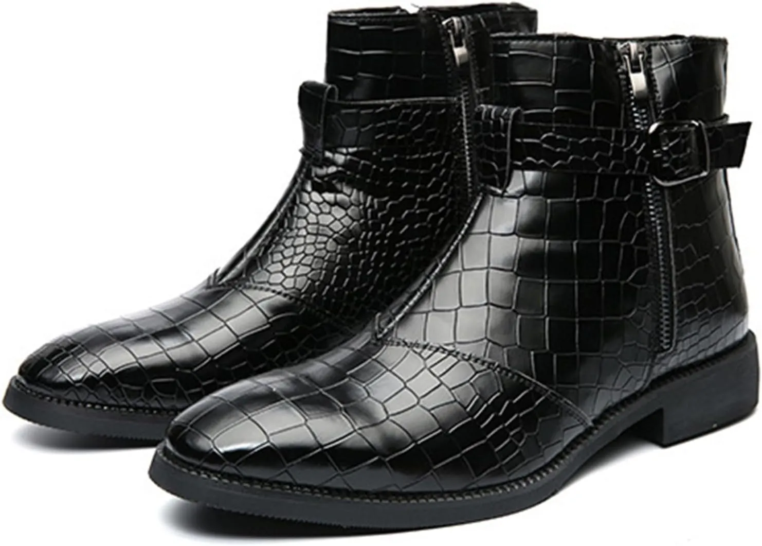 Yuizko Men'S Print Leather Side Zipper Chelsea Ankle Boots Fashion Low-Heels Pointed Toe Buckle Casual Dress Short Booties